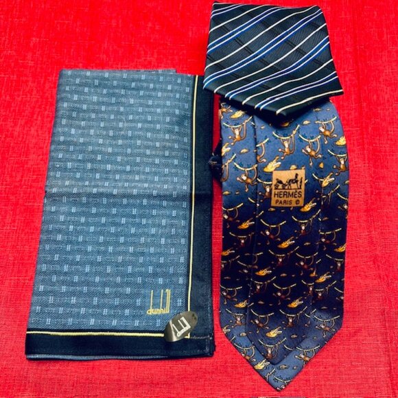 Set Necktie Silk : Hermes Paris & Flamboyant Blue +Dunhill Handkerchief  19"(47) - Picture 16 of 16